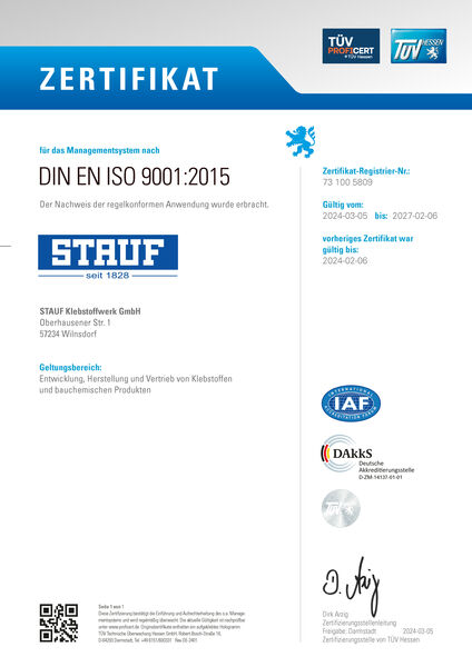 STAUF ist ein ISO-zertifizierter Klebstoffhersteller in Deutschland. Kaufen Sie ISO-zertifizierte Parkettklebstoffe und Bodenbelagsklebstoffe von STAUF.